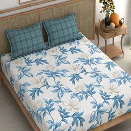 Srijee Decors Blue & White Floral Printed 210 TC King Bedsheet With 2 Pillow Covers-image-49