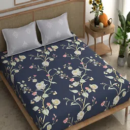 Srijee Decors Navy Blue & White Floral Printed 210 TC King Bedsheet With 2 Pillow Covers-image-41