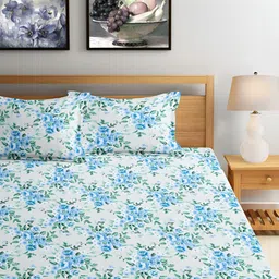 Srijee Decors Blue & White Floral Printed Cotton 300 TC King Bedsheet With 2 Pillow Covers-picture-14