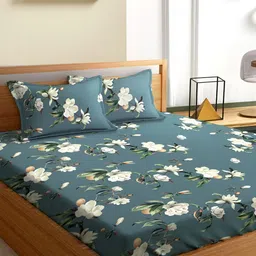 Aura Green & White Floral 180 TC Queen Bedsheet With 2 Pillow Covers-image-46