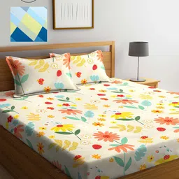 KLOTTHE Yellow & Blue Printed 210 TC 2 King Bedsheet with 4 Pillow Covers image 1