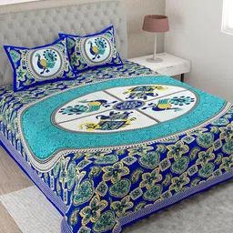 Lali Prints Blue & Green Ethnic Motifs Cotton 144 TC Single Bedsheet with 2 Pillow Covers-image-3
