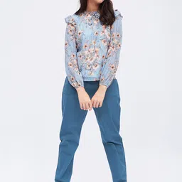luyk Girls Floral Printed Puff Sleeves Top with Trousers-picture-57