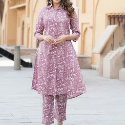 Shrivani Floral Printed Shirt Collar Three-Quarter Sleeves Pure Cotton Kurta with Trousers image 1