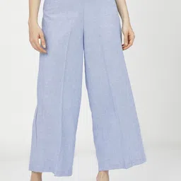 Tokyo Talkies Women Blue Flared High-Rise Easy Wash Parallel Cotton Linen Trousers image 1