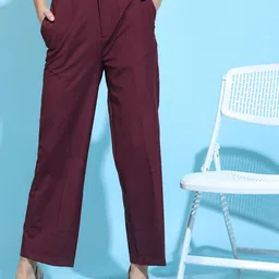 CHIC BY TOKYO TALKIES Women Burgundy Flared Parallel Trousers-image-35