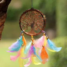 DULI Brown Hanging Tree of Life Dream catcher Windchime with Pastel Mutlicolor Feathers image 4