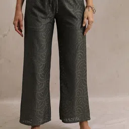 Tokyo Talkies Women Green Textured Flared Parallel Trousers-image-96