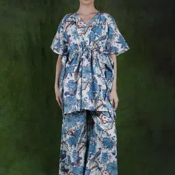Exotic India Printed Pure Cotton V-Neck Kaftan With Palazzo Co-Ords-image-2