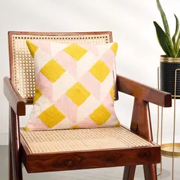 Living scapes by Pantaloons Peach & Yellow Checked Square Cushion Cover image 1