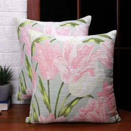 Soumya Pink & Grey Set of 2 Floral Square Cushion Covers image 1