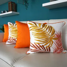 TARA- Sparkling Homes White & Orange 4 Pieces Embroidered Square Cushion Covers image 1