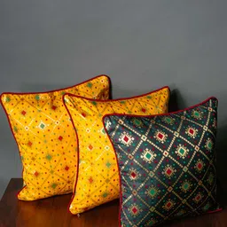RoyalDeco Yellow & Black  3 Pieces Ethnic Motifs Square Cushion Covers-image-43