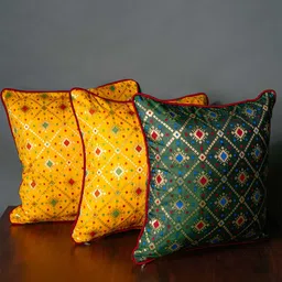 RoyalDeco Yellow & Green 3 Pieces Ethnic Motifs Brocade Square Cushion Covers-image-40