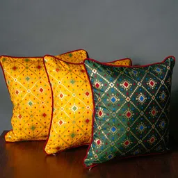 RoyalDeco Yellow & Green 3 Pieces Bandhani Brocade Square Cushion Covers-image-90