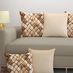 BIGGER FISH Beige & White 5 Pieces Geometric Velvet Square Cushion Covers image 1