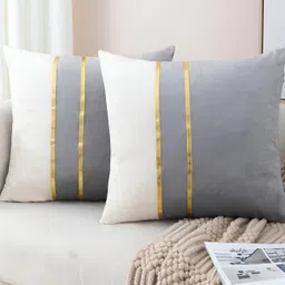 Vinayaka Fab Grey & White 2 Pieces Colourblocked Velvet Square Cushion Covers-image-59