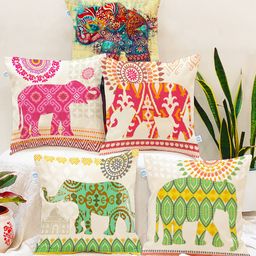 STITCHNEST Green & Pink Set of 5 Ethnic Motifs Square Cushion Covers-picture-1