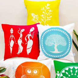 STITCHNEST Yellow & Red Set of 5 Ethnic Motifs Square Cushion Covers-picture-0