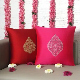ZEBA Red & Pink 2 Pieces Embroidered Square Cushion Covers-picture-11