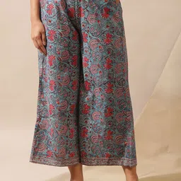 W Women Blue Floral Printed Mid-Rise Pure Cotton Palazzos-image-32