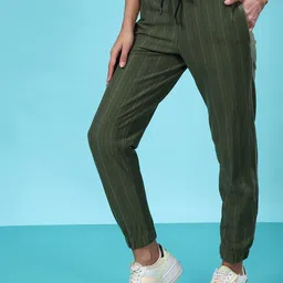 Campus Sutra Woman Green Striped Cotton Joggers-image-40