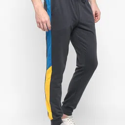 Alan Jones Men Charcoal Grey & Blue Colourblocked Slim-Fit Joggers image 2