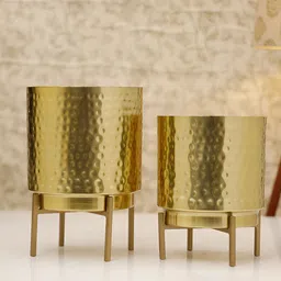 HomeShastra Ember Gold 2 Pieces Textured Metal Planters With Stands image 2