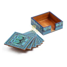 DULI Set of 6 Blue Peacock Printed Wooden Coasters With Case image 2