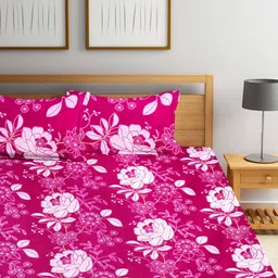Arrabi Pink & White Floral 300 TC King Bedsheet With 2 Pillow Covers image 2