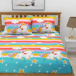 BREVARD Blue & Yellow Conversational 210 TC Queen Fitted Bedsheet with 2 Pillow Covers image 5