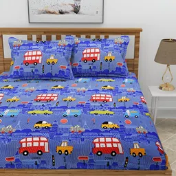 BREVARD Blue & Red Conversational 210 TC Queen Bedsheet with 2 Pillow Covers image 2