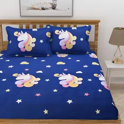 BREVARD Blue & Yellow Conversational 210 TC Queen Size Bedsheet with 2 Pillow Covers image 2