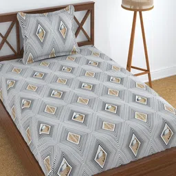 Aura Dreams White & Black Geometric 180 TC Single Bedsheet with Pillow Cover image 2