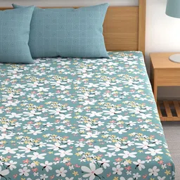 CHHAVI INDIA Blue & Grey Floral Ultra Soft 210 TC King Bedsheet with 2 Pillow Covers image 2