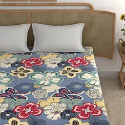 Srijee Decors Blue & Red Floral Printed 210 TC King Bedsheet With 2 Pillow Covers image 5