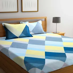 KLOTTHE Yellow & Blue Printed 210 TC 2 King Bedsheet with 4 Pillow Covers image 2