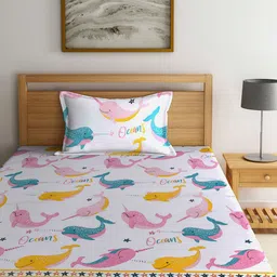 Arrabi White & Yellow Cartoon Characters 130 TC Single Bedsheet with 1 Pillow Covers image 4