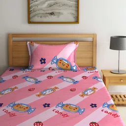 Arrabi Pink & Blue Cartoon Characters 130 TC King Bedsheet with 1 Pillow Covers image 2