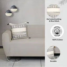 Ode & Cleo Off White & Grey 2 Pieces Embroidered Cotton Square Cushion Covers image 3