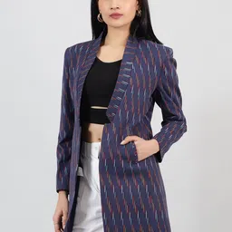 INDOPHILIA Printed Shawl Collar Long Sleeves Open Front Longline Cotton Blazer image 5
