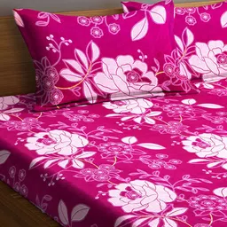 Arrabi Pink & White Floral 300 TC King Bedsheet With 2 Pillow Covers image 4