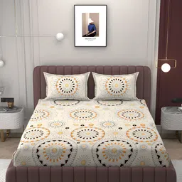 Bromwick Cream-Coloured & Brown 250 TC Fitted King Double Bedsheet With 2 Pillow Covers image 2