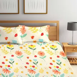 KLOTTHE Yellow & Blue Printed 210 TC 2 King Bedsheet with 4 Pillow Covers image 3