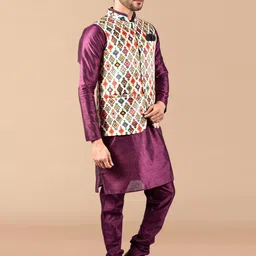 PRINTCULTR Mandarin Collar Straight Pure Silk Kurta With Trousers & Nehru Jacket image 3