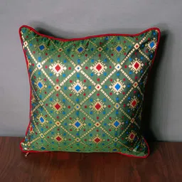 RoyalDeco Assorted Red & Green 3 Pieces Ethnic motifs Brocade Square Cushion Covers image 3