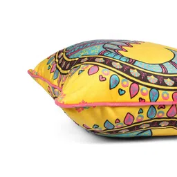 STITCHNEST Yellow & Green 5 Pieces Ethnic Motifs Printed Velvet Square Cushion Covers image 3