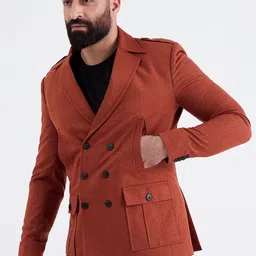 MR BUTTON Men Rust Orange Solid Slim-Fit Double Breasted Blazers image 4