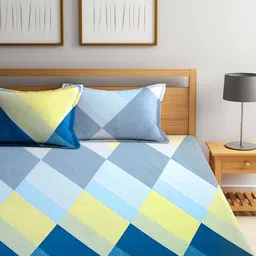 KLOTTHE Yellow & Blue Printed 210 TC 2 King Bedsheet with 4 Pillow Covers image 4