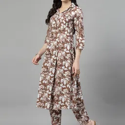 KALINI Floral Printed High Slit Pure Cotton A-Line Kurta with Trousers image 3